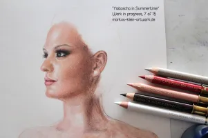 Natascha in Summertime WIP 7/15: Now I'm adding details like eyes and mouth, only with those in place you can estimate the proper shading of the 6th skin layer around them.The pencils on the picture show the colors I used for this skin layer.