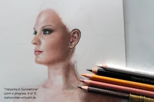 Natascha in Summertime WIP 8/15: Seventh skin layer. The pencils on the picture show the colors I used for this layer.