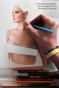 Natascha in Summertime WIP 9/15: Eigth layer. I add cool reflective lights to the shadows using blue and gray tones.