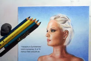 Natascha in Summertime WIP 12/15: After blending the first background layer with water, I use the same cross-hatching technique described earlier, to smooth the gradient.