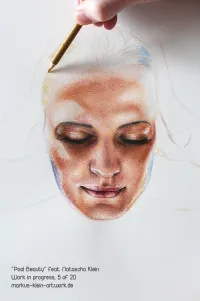 Pool Beauty Natascha WIP 5/20: Now beginning to draw her hair. Always begin with the lighter colors, then move on to the darker ones. Blonde hair has many shades from white to yellow to brown to black.