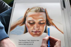 Pool Beauty Natascha WIP 8/20: I'm filling the areas that are going to be the pool water with a blue watercolor pencil. Then I'm going to blend it with water, to have a plain blue underpainting for the waves.